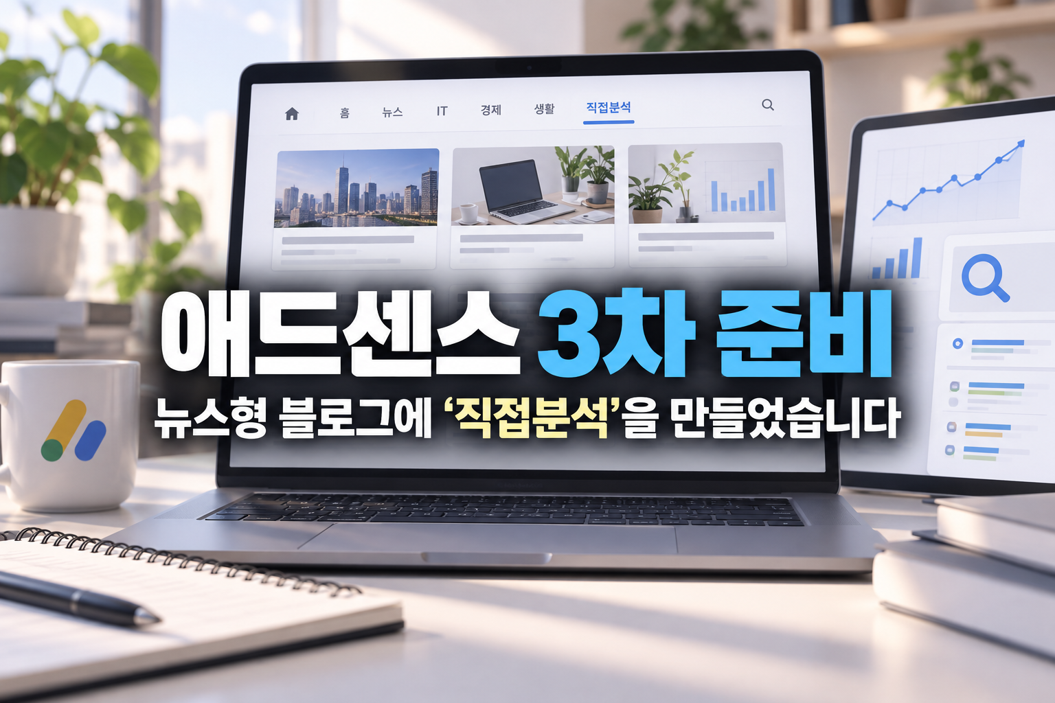 애드센스 3차 신청을 앞두고 기존 뉴스글을 직접분석형으로 보강하고 직접분석 카테고리와 메뉴, 소개 페이지, Search Console 재색인을 정리한 과정을 표현한 이미지
