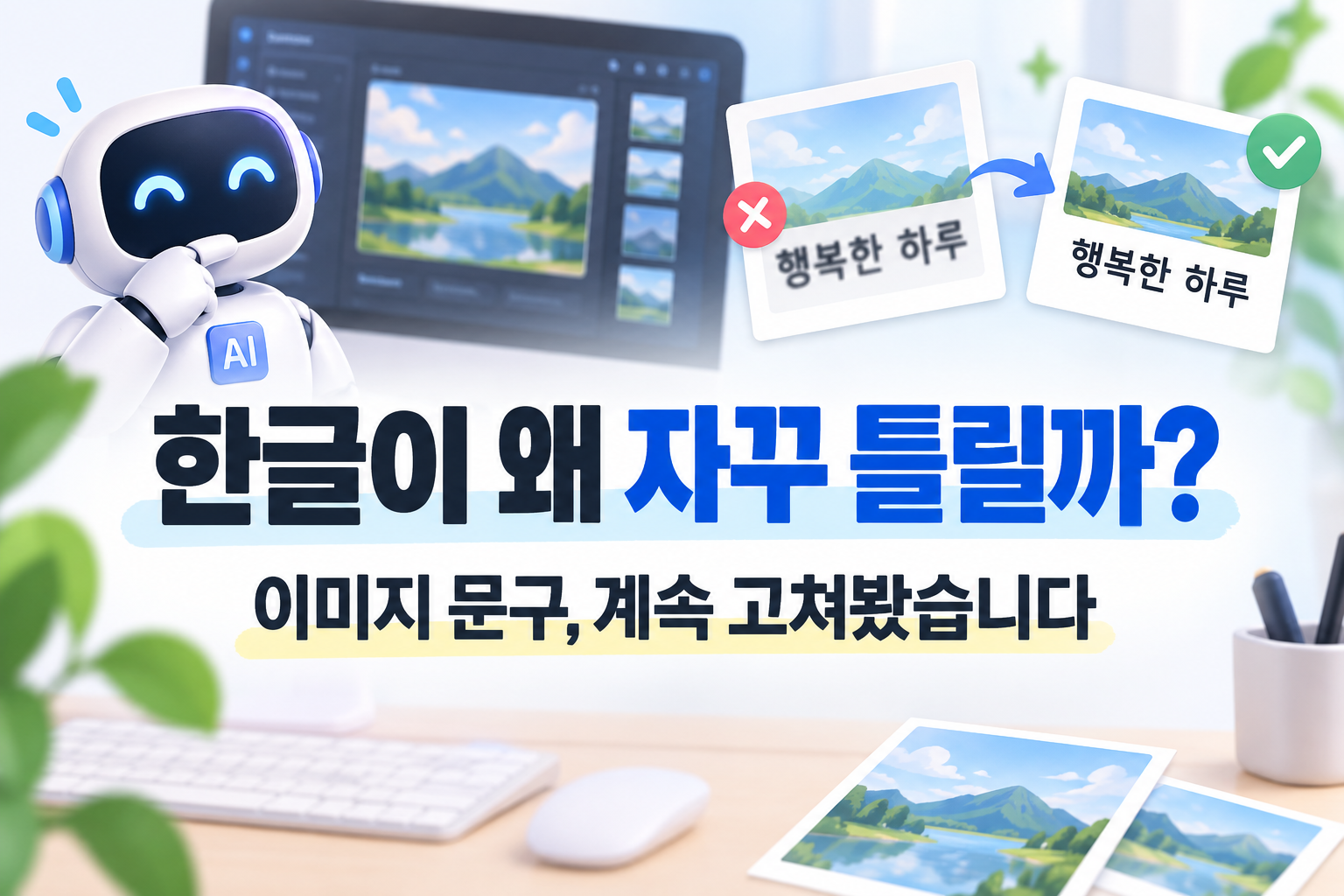ChatGPT 이미지 생성에서 한글 문구가 반복해서 틀려 수정하고 최종 작업 방식을 바꾸는 과정을 표현한 이미지
